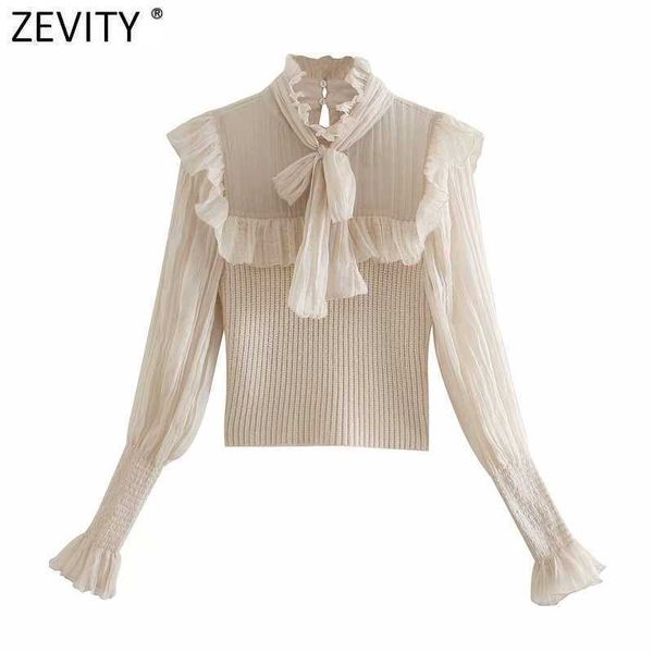 Zevity Frauen Süße Plissee Rüschen Patchwork Strickpullover Weibliche Schleife Gebunden Langarm Chic Pullover Casual Slim Tops S551 210603