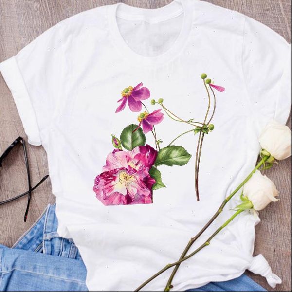 

women graphic aesthetic harajuku style punk floral flower printed lady clothing female tees print t shirt womens t shirt, White