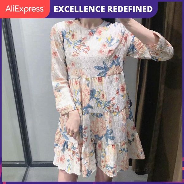 

casual dresses 2021 fashion women vintage flowers print a-line dress long sleeve female short pleated 3h191, Black;gray