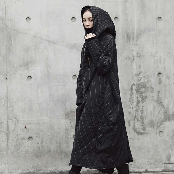 

eam] hooded black striped split joint long cotton-padded coat loose fit women parkas fashion new spring autumn jr501 201014