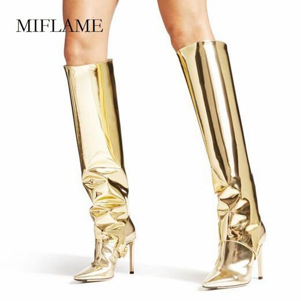 

boots 2021 super cool women fashion patent leather mirror side knee high winter female pointed toe sole decoration heels, Black