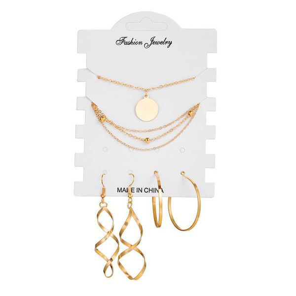 

earrings & necklace trendy jewelry set for women female multilayer gold chain round coin pendants geometric drop dangle sets, Silver