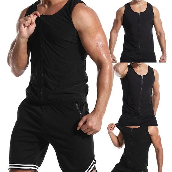 Herren-Schwitzanzug, Sauna-Reißverschluss-Korsett, Sportweste, Fitness-Stopfschweiß, Bauchformung, Taille, schwarzes Yoga-Outfit