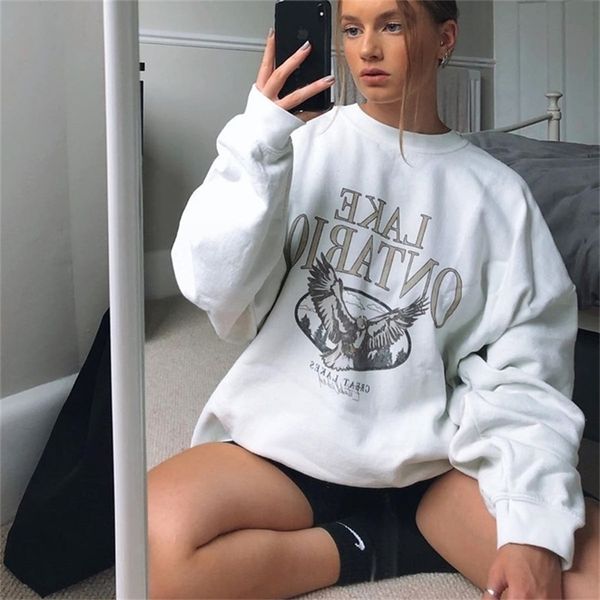 

vintage eagle letter print oversized sweatshirts women o-neck pullovers autumn fashion streetwear loose casual winter girls 201102, Black