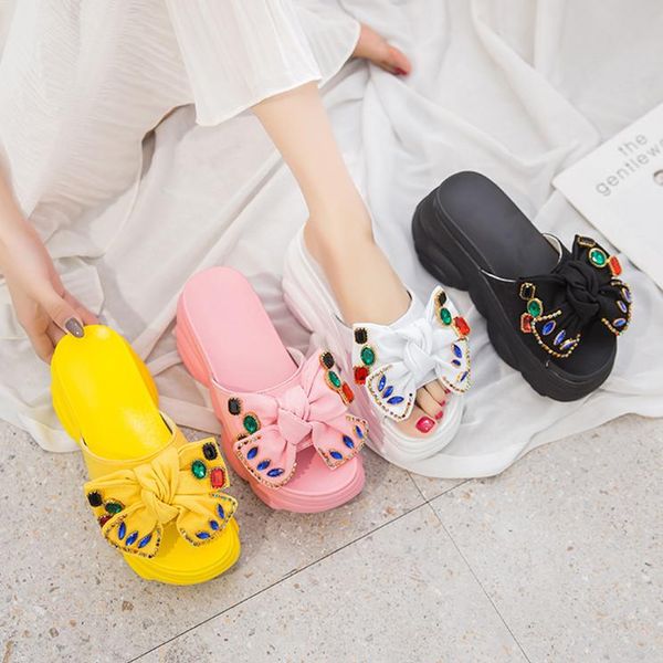 

slippers high-heeled shoes lady glitter slides butterfly-knot woman's on a wedge platform fashion jelly 2021 flat summer soft, Black