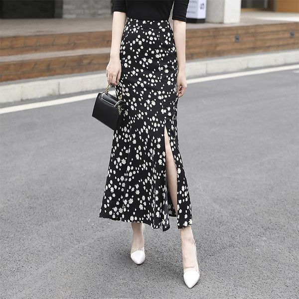 

skirts ins daisy floral printed long skirt summe slit fishtail fashion midi chiffon r women 3694ly, Black