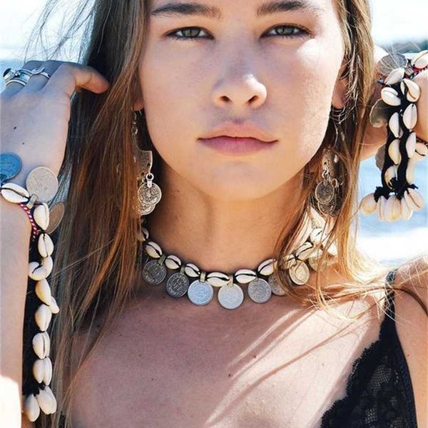 

shanghai style fashion exaggerated shell coin tassel necklace bracelet set c1562, Silver