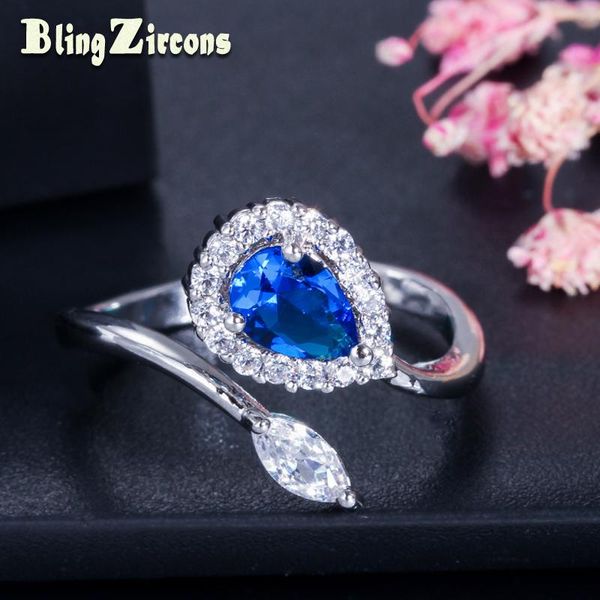 

wedding rings blingzircons famous designer royal blue cubic zirconia water drop stone resizable engagement party jewelry for women r065, Slivery;golden