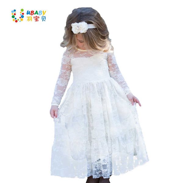 Menina Lace Longo Vestido Flor para Idade 2-12 Bebê Crianças Princesa Formal Casamento Prom Festa Vestido Branco / Bege Big Bow Roupa doce Q0716