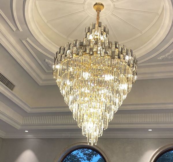 Lampadario di cristallo K9 dorato moderno di lusso LED Hotel Hall Soggiorno Scala Lampada a sospensione a sospensione Grande illuminazione europea