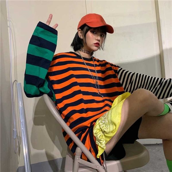 

nicemix women patchwork hip hop t shirt oversized tee long sleeve shirts couple harajuku streetwear korean fashion clothes 210310, White