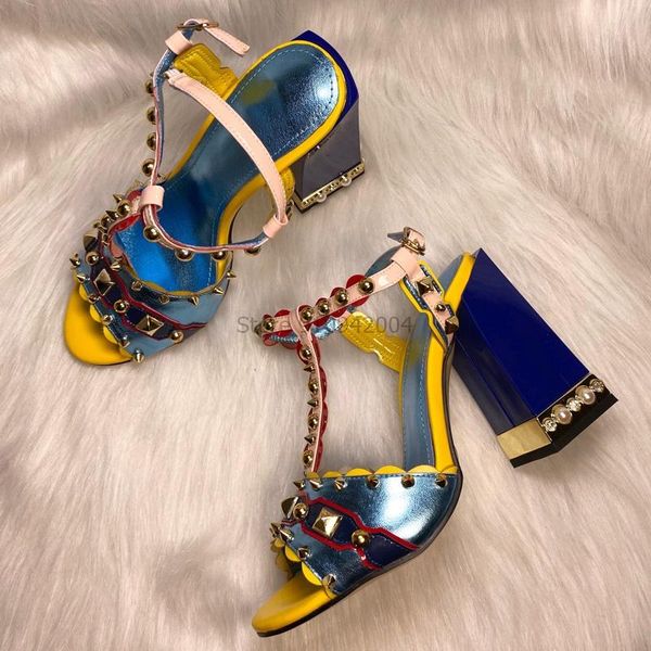 

fashion women high heel sandal blue rivets studded sandals chunky t strap pumps luxury summer fetish dress shoes, Black