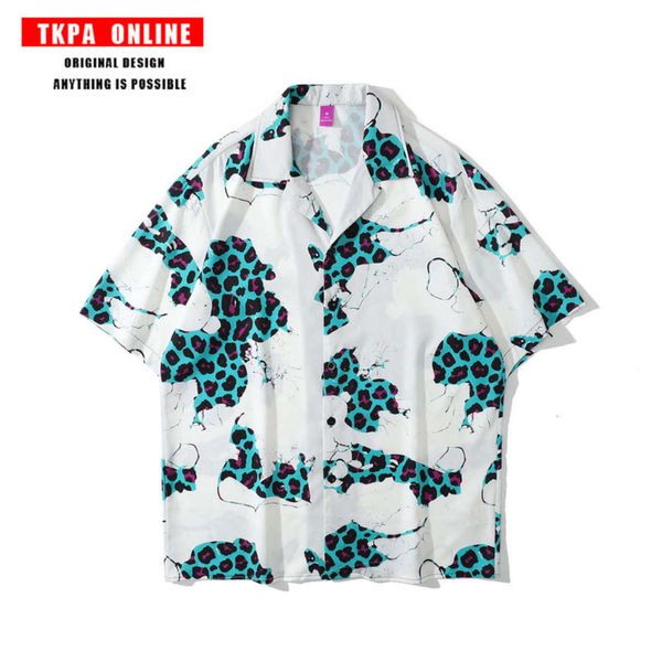 

tkpa high street hip hop printed short sleeve shirt for men and women, Tan;black