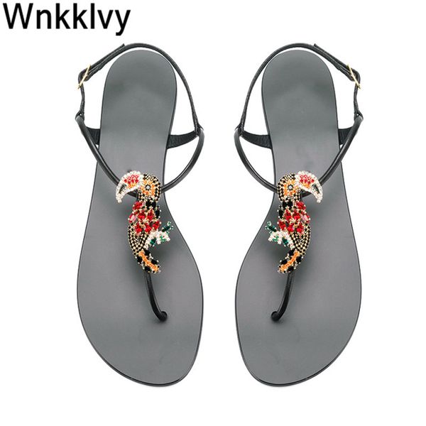 

flat sandals women summer chic fairy slippers rhinestone flipflops crystal clip toe beach vacation seaside shoes female, Black