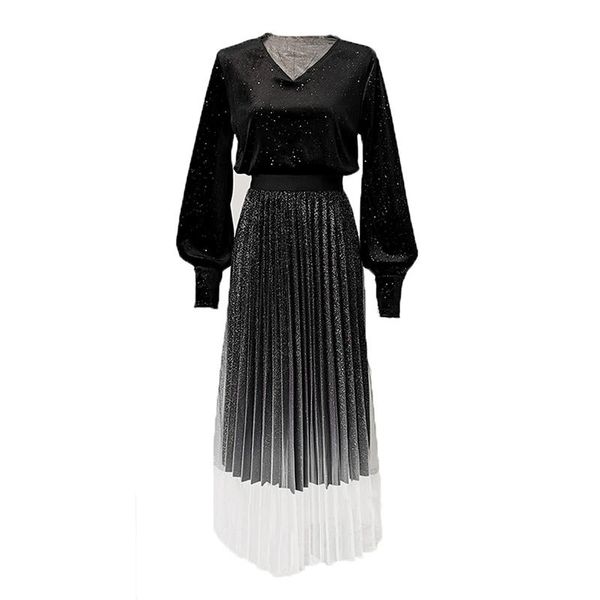 

casual dresses vsue women vintage black blue elegant velvet mesh dress empire long sleeve ruched a-line midi evening party d2179, Black;gray