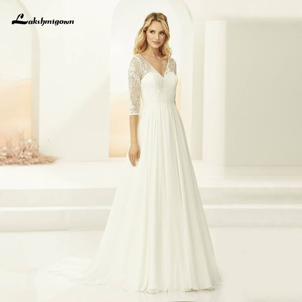 

2021 new boho with plunging v-neck chiffon lace bodice wedding gown summer beach bride robe de mariee donx, White