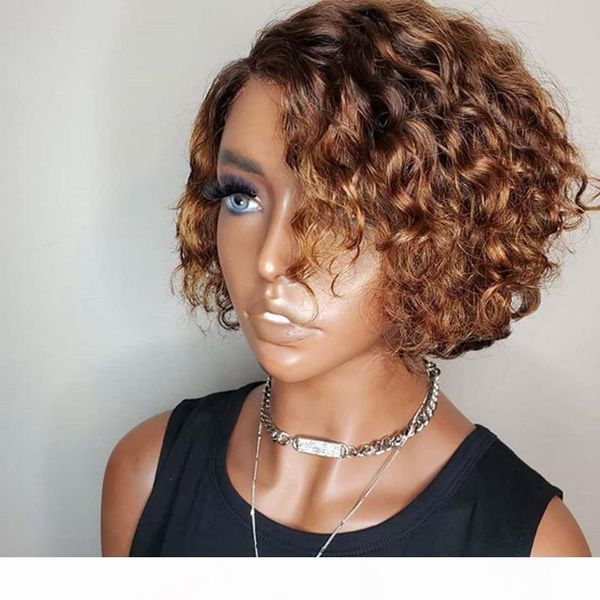 

short bob natural ombre 2tone color curly human hair wigs for summer 150density 13x6 lace front brazilian hair wigs preplucked, Black;brown