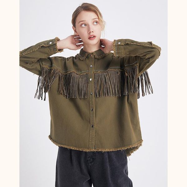 

women's jackets vintage stylish fringe beaded loose denim jacket coat women fashion long sleeve frayed trim ladies outerwear chaqueta m, Black;brown