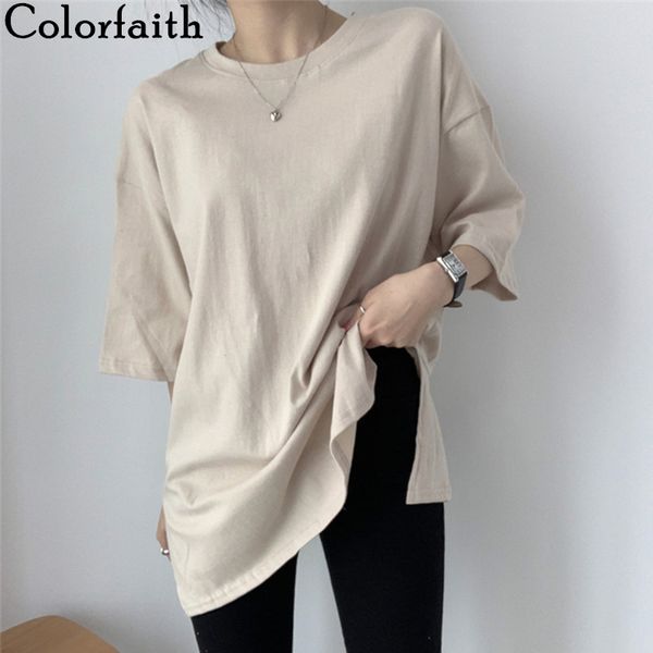 

colorfaith new 2021 women spring summer t-shirts solid multi colors loose bottoming half sleeve minimalist split midi t1165 c0220, White