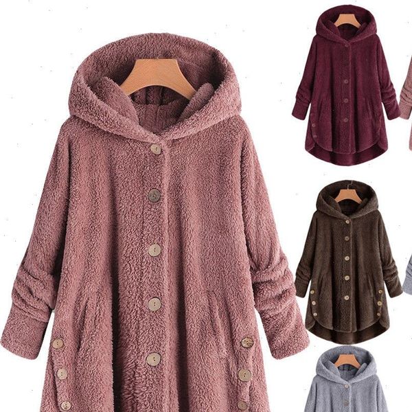 

leopard coat warm fluffy women winter button loose fur jacket reversible plush plus size outwear washed loose clothing, Black