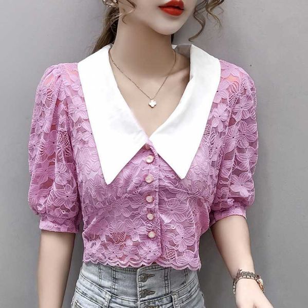 

summer hollow short-sleeved lace shirt female v-neck lace blouse 210531, White