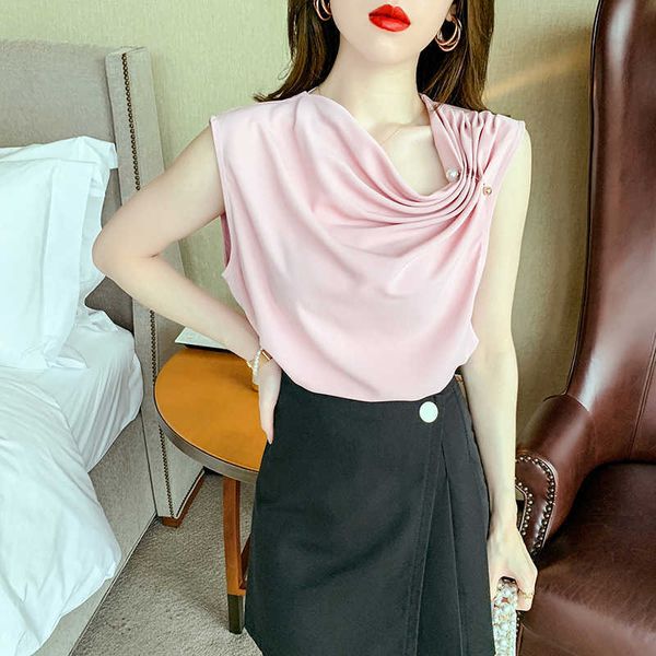 

fold's shirt asymmetric blouses for sleeveless summer pink rivet blouse female basic 210604, White