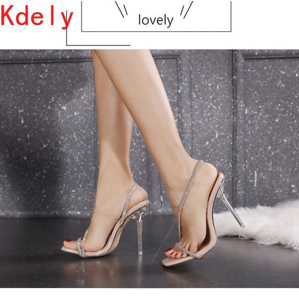 

sandals 2021 style summer fashion rhinestone stiletto women's shoes crystal square toe hollow high-heeled party 35-41, Black