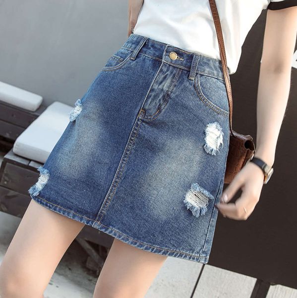 

net red denim women's 2021 spring and summer new waist thin show high fashion age reduction hole a-line short skirt, Blue
