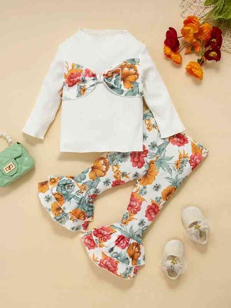 

baby floral print bow front tee & flare leg pants she, White