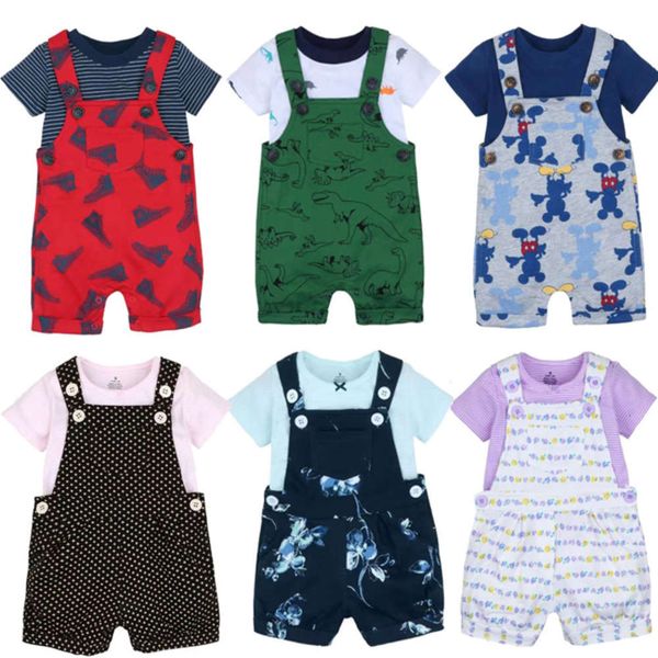 

2021 new baby summer two piece suit short sleeve t-shirt with suspender shorts children's wear, White