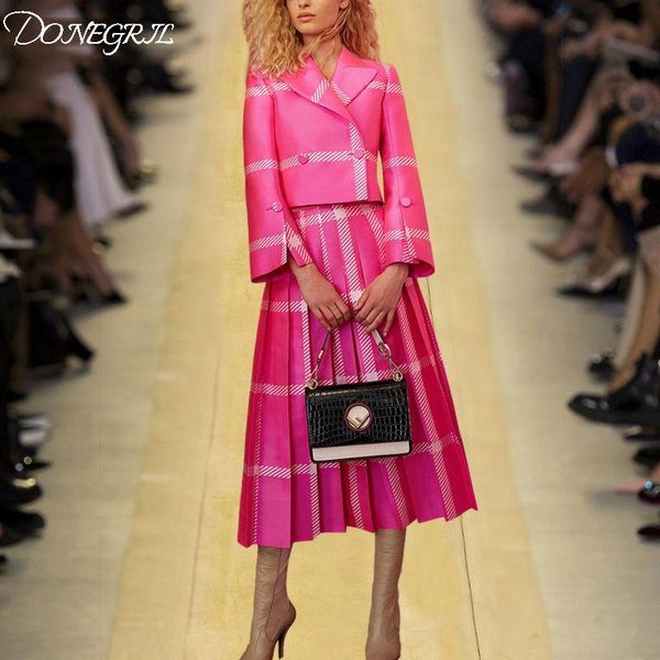 

two piece dress autumn winter skirt suits women blazer suit jacket pleated runway designer 2 sets, White