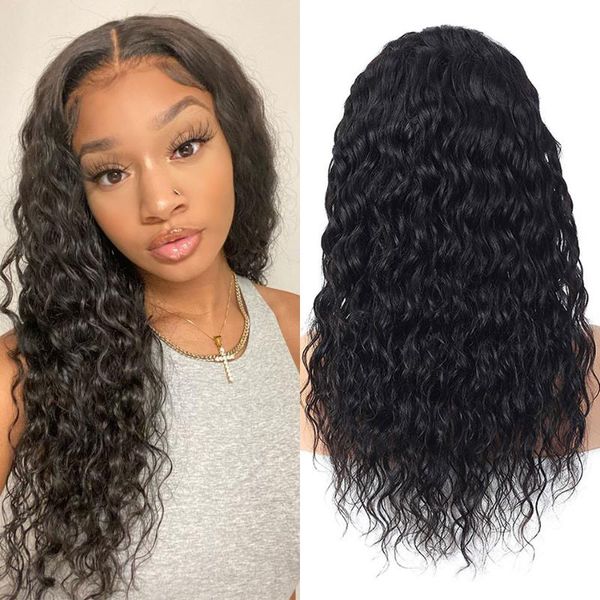

lace wigs water wave 13Ã4 long human hair for black women peruvian front pre plucked natural hairline frontal waterwave wig, Black;brown