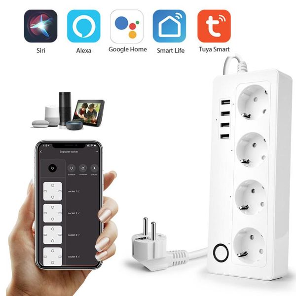 

smart power plugs wifi eu strip 4hole with 4usb outlets plug charging port timing bluetooth control alexa google home assistant