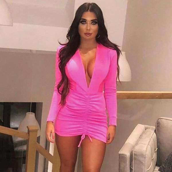 

casual dresses linglewei spring and summer women's dress deep v-neck pleated frenulum long sleeves buttock, Black;gray