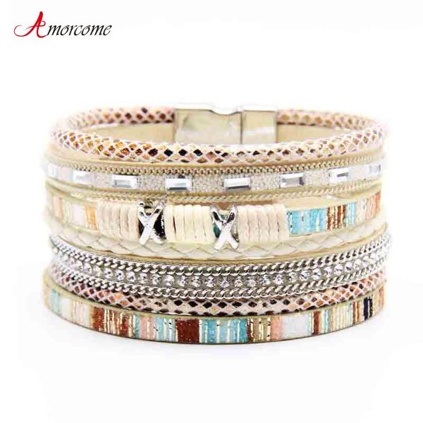 

tennis amorcome 2021 boho wrap bracelets for women braided leather rope handmade multi-layer jewelry gifts bijoux femme, Golden;silver