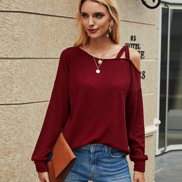 

women's t-shirt off shoulder t shirt women long sleeve tee femme solid color loose plus size ladies 2021 autumn, White