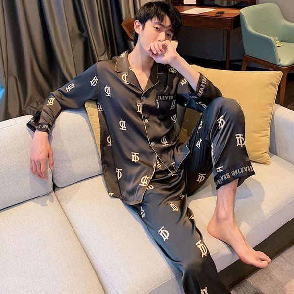 

pajamas spring and autumn ice long sleeve youth korean version can be worn out men's summer thin silk home suit, Black;brown