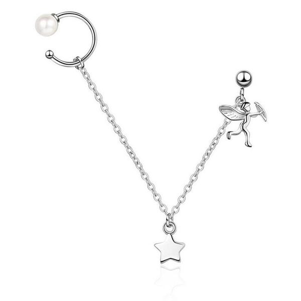 

clip-on & screw back sunnyyou 1 pcs 925 silver pearl angel star ear cuff clip chain tassel earring for women punk party gift korean jewelry