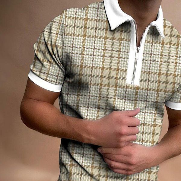 

men's polos summer casual large size zipper checkered shirts fashion patchwork short-sleeved with lapel design, White;black