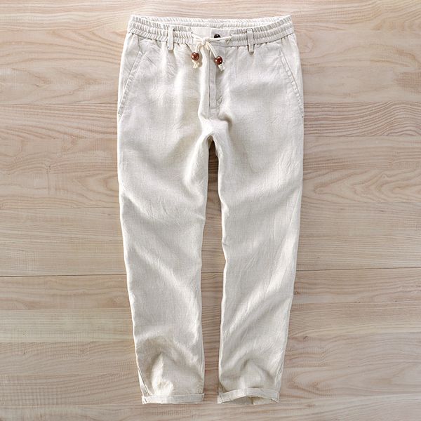 

2021 new summer men's linen ankle-length loose thin casual flax trousers 30-40 size elastic waist breathable pants men big qw8v, Black