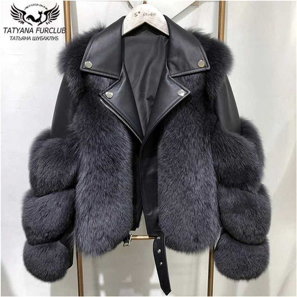 

winter fashion women real fox fur coats with genuine sheepskin leather whole skin natural fox fur jacket luxury outwear 210927, Black