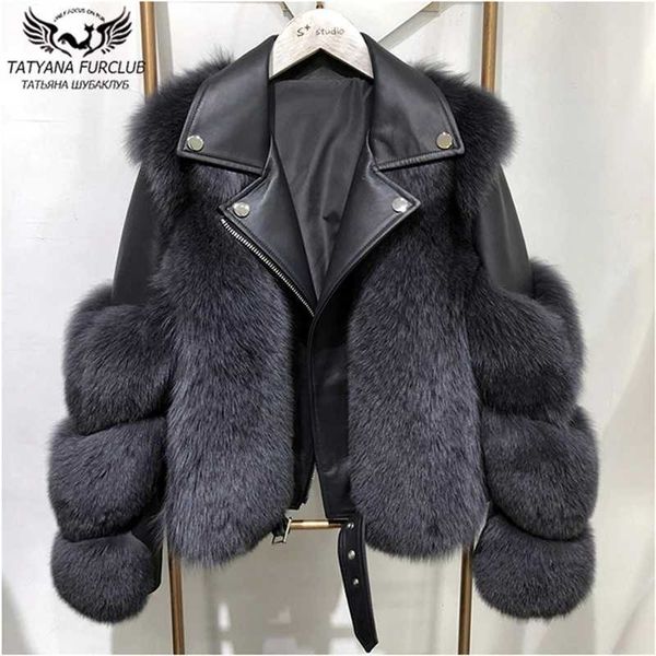 Winter Moda Mulheres Real Fox casacos com couro de carneiro genuíno pele inteira pele natural raposa jaqueta de pele luxo outwear 210927