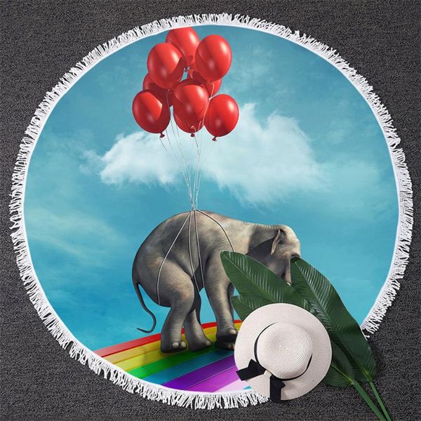 

towel blessliving 3d round beach sky blue tassel tapestry elephant riding balloons rising yoga mat rainbow toalla blanket 150cm