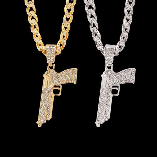 

pendant necklaces full rhinestones pistol desert eagle gun mens cuba chain pendants hip hop for boy male rapper jewelry gift, Silver