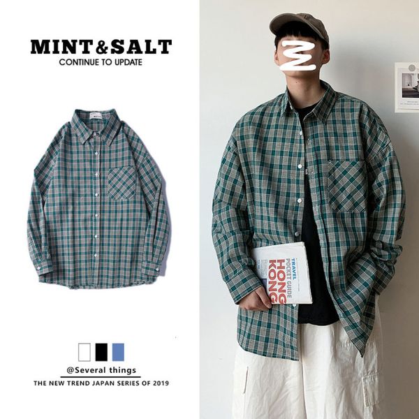 

2021 new spring cotton plaid men's fashion retro casual shirt men streetwear korean loose green long-sleeved shirts mens -2xl 4dyl, White;black