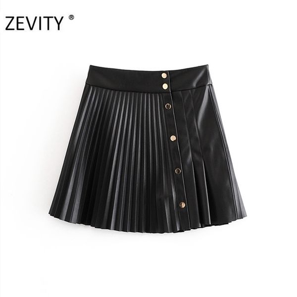 

zevity women vintage high waist pu leather pleated mini skirt faldas mujer ladies front buttons casual brand chic skirts qun689 210310, Black