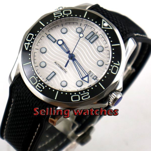 

41mm sterile sier dial sapphire glass rubber strap black ceramic bezel date mechanical automatic gentlemen watch, Slivery;brown