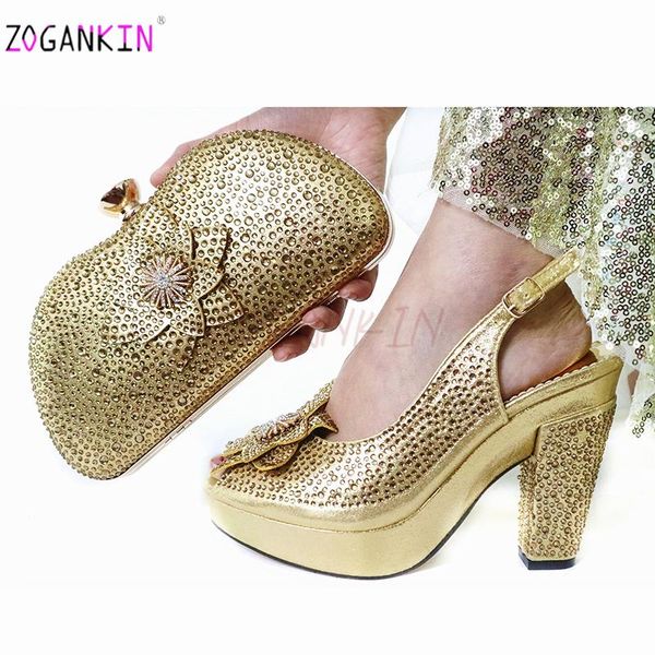 

dress shoes lates design italian women matching bag in golden color african decorate with rhinestone for wedding, Black