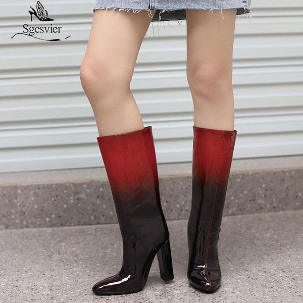 

boots sgesvier 2021 women knee high patent pu leather mixed color ladies square heel chunky autumn winter boot, Black