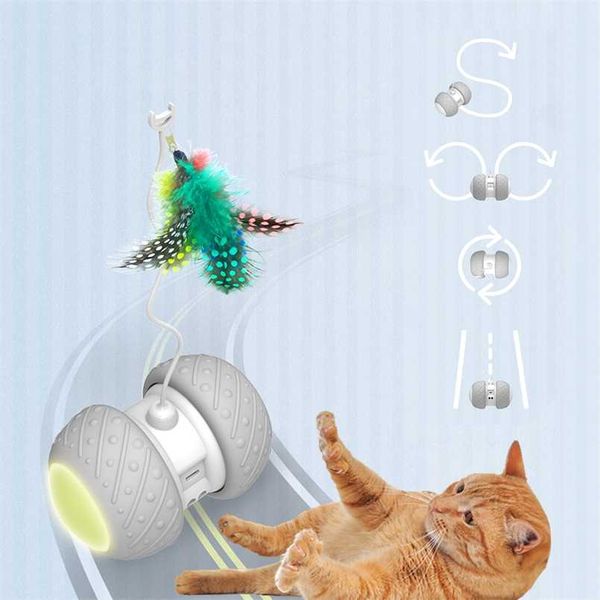 Smart Interactive Cat Toy Lrregular Modalità di rotazione Toy Cats Funny Pet Game Electronic Cat Toy LED Light Feather Toys Kitty Balls 211122